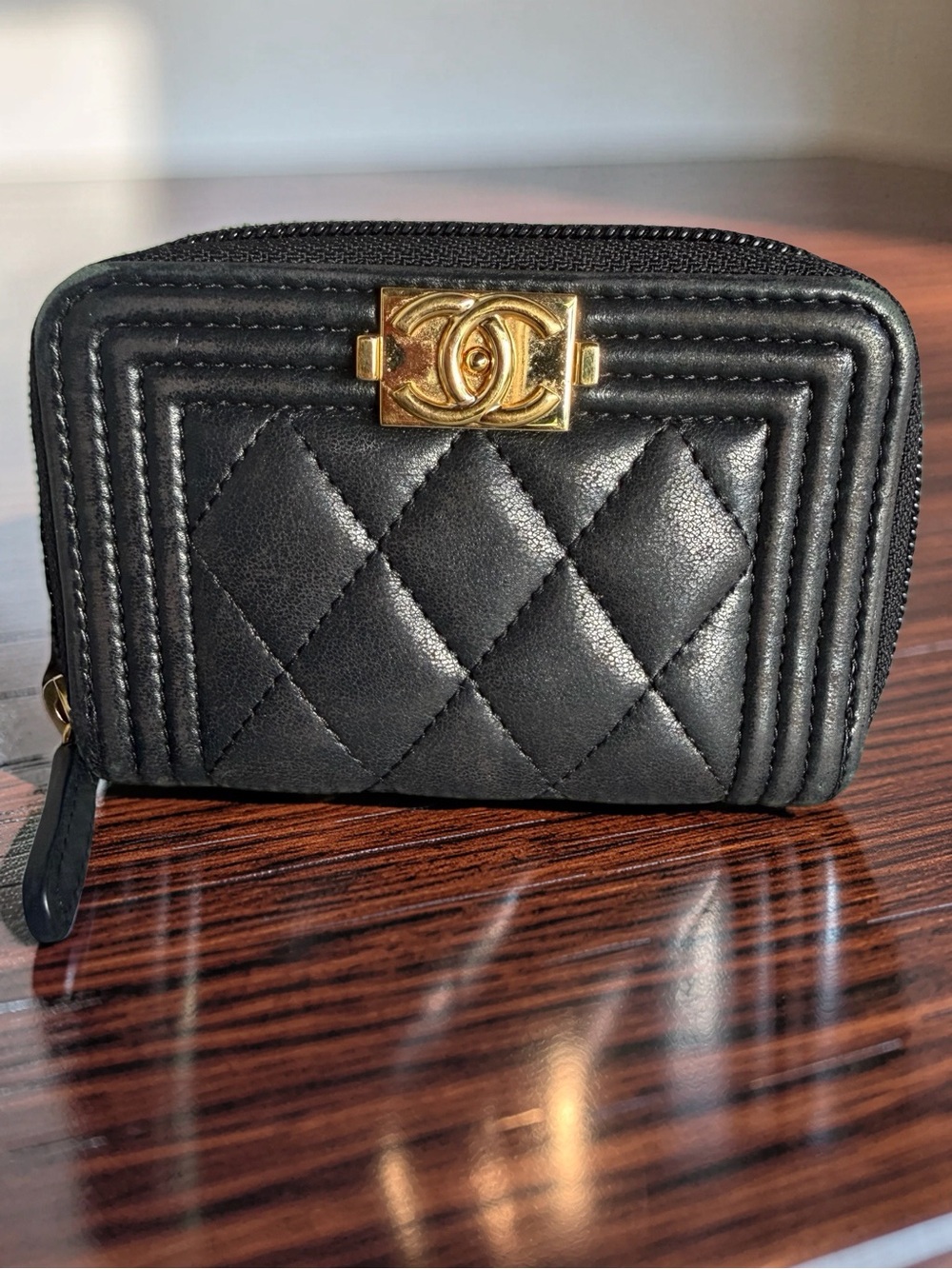 CHANEL BOY Lambskin Black Quilted Zip Around Coin Purse Wallet